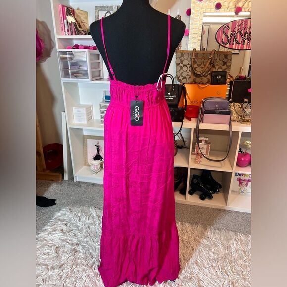 💞 Gigio fuchsia pink smocked spaghetti strap embroidered floral maxi dress small - Picture 6 of 10